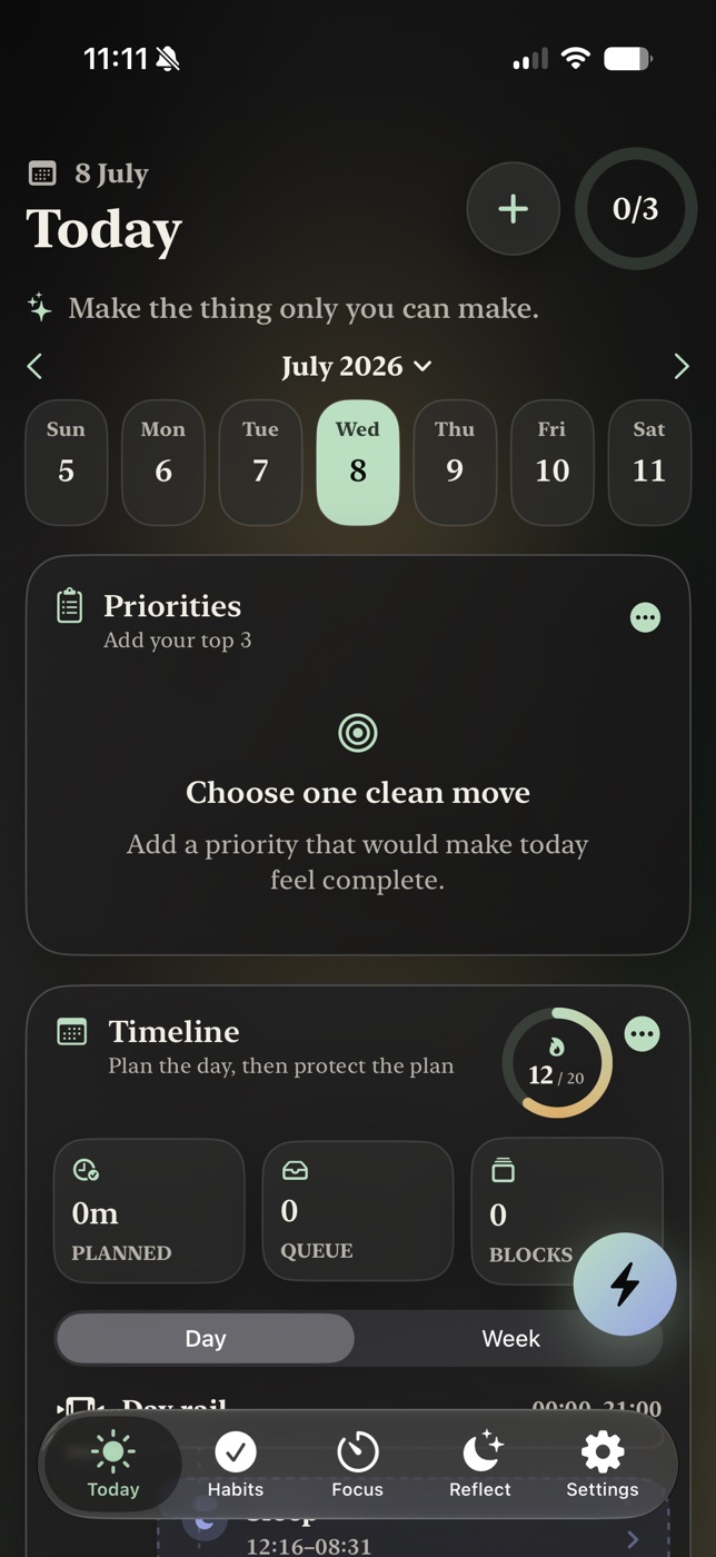 Mitra Today planner showing priorities, timeline, and focus progress