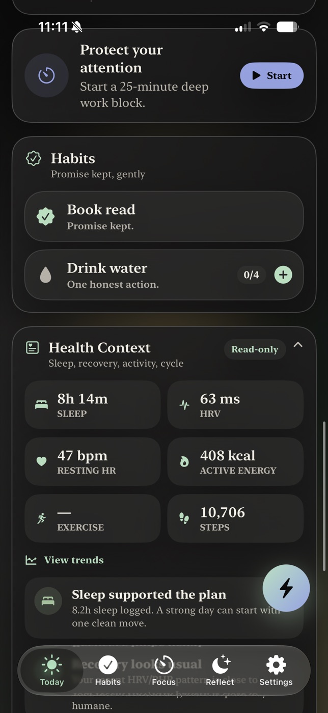 Mitra health context screen with sleep, HRV, heart rate, energy, and steps