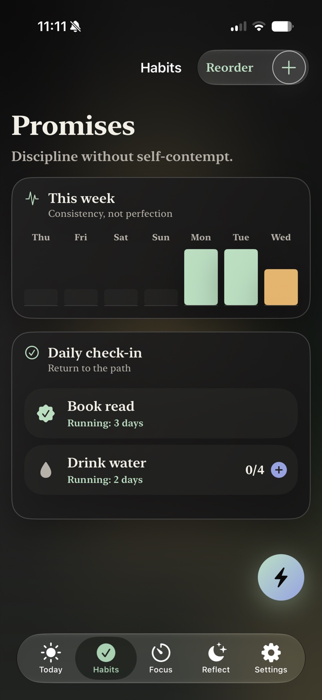 Mitra habits screen with weekly progress and daily check-ins
