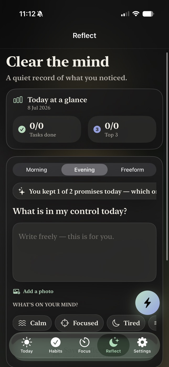 Mitra reflection screen with daily stats, prompts, and mood tags